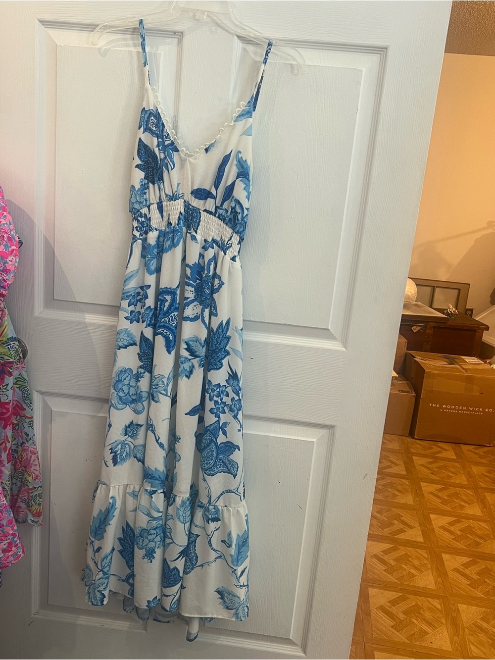Flying Tomato White Maxi Dress with Blue Floral Print